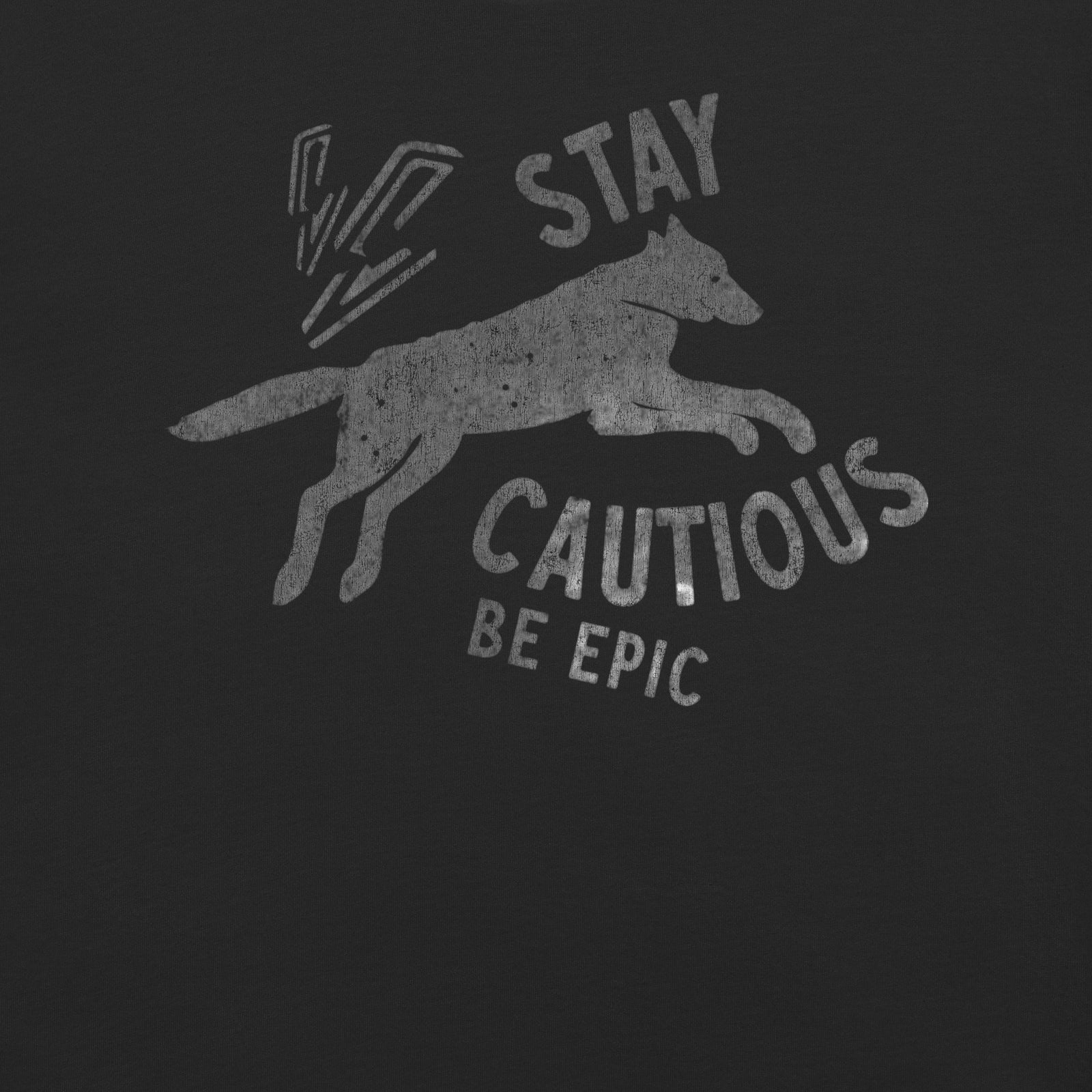 Stay Cautious. Be Epic. Tee — Black front view