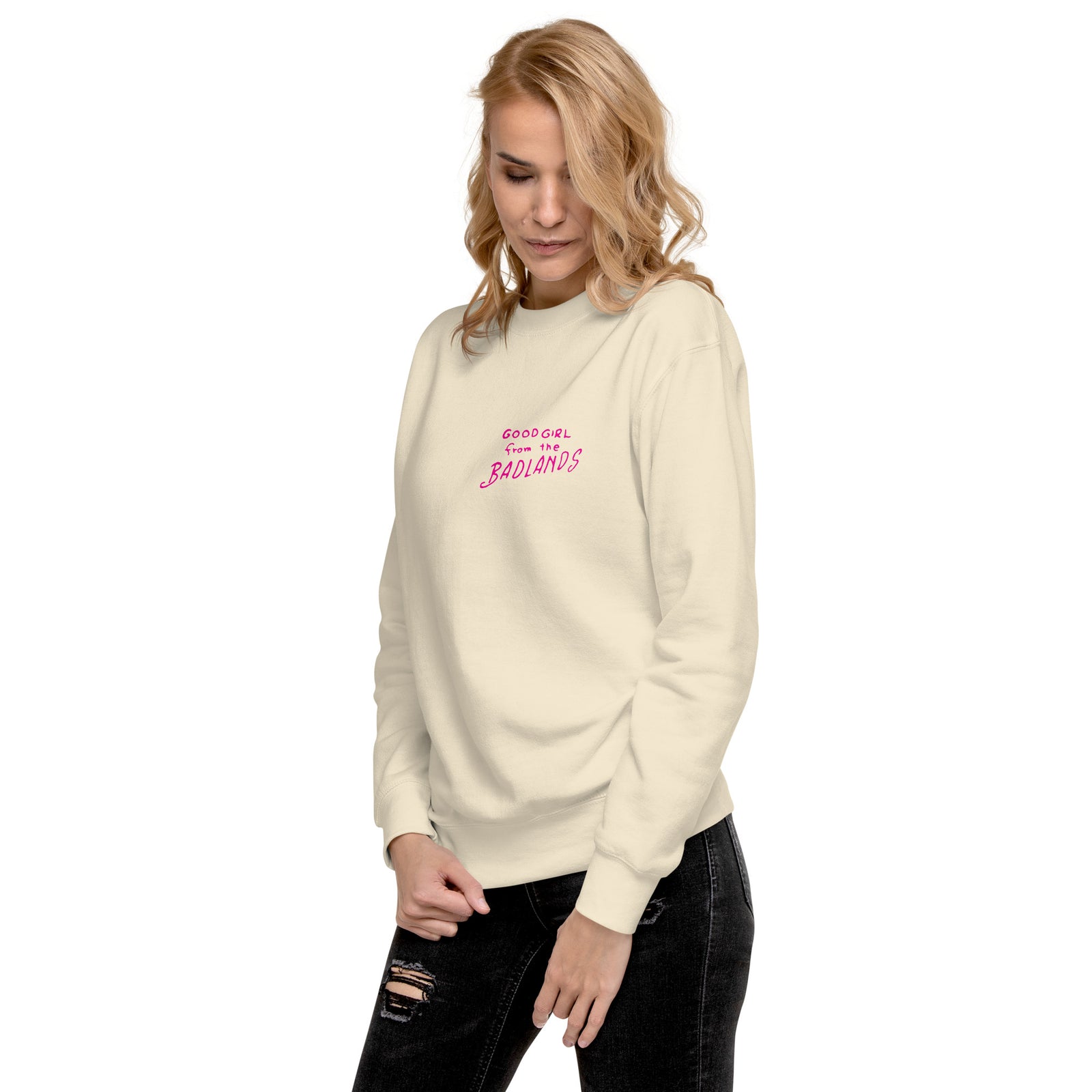 Good Girl from the Badlands Sweatshirt — Bone left-front view