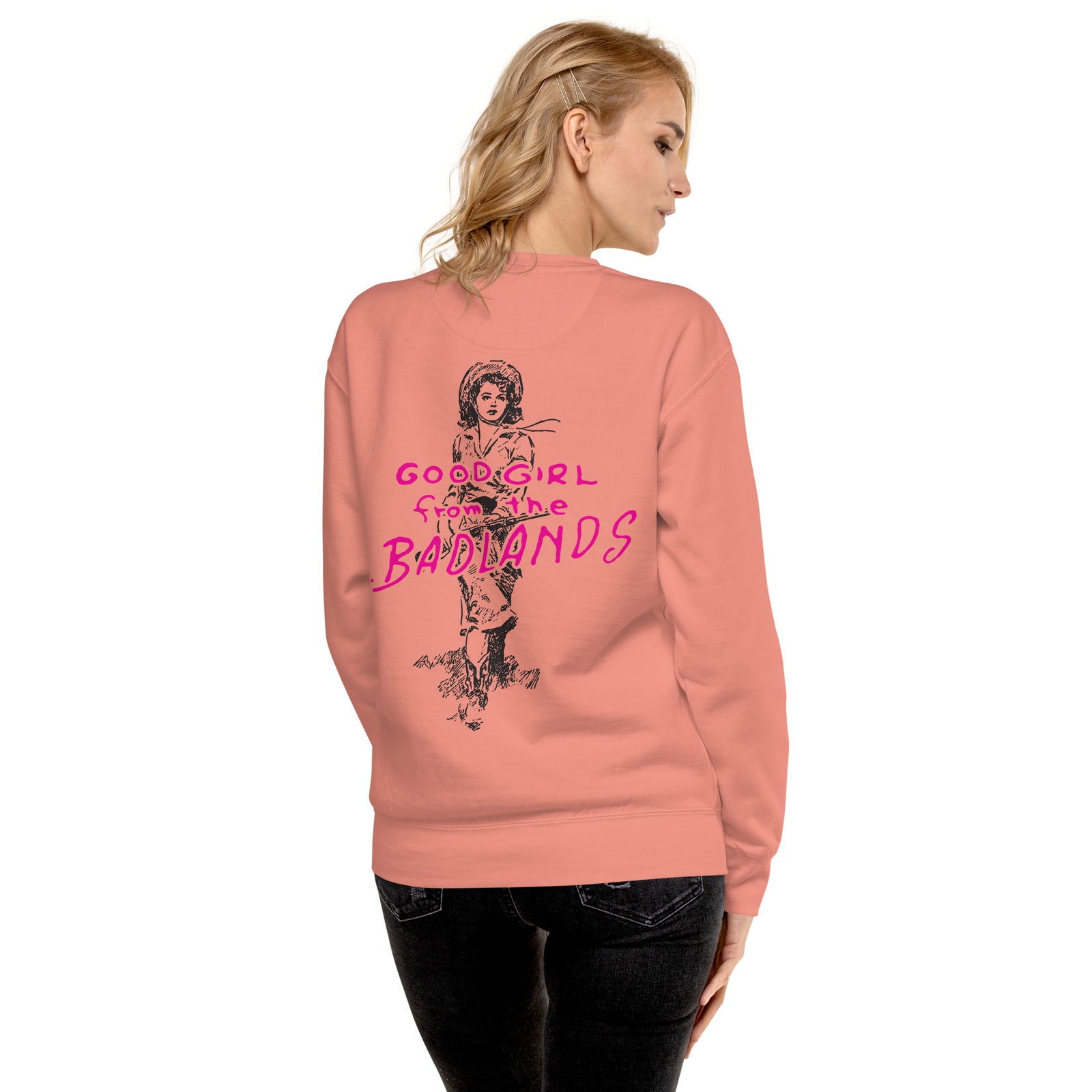 Good Girl from the Badlands Sweatshirt — Dusty Rose back view
