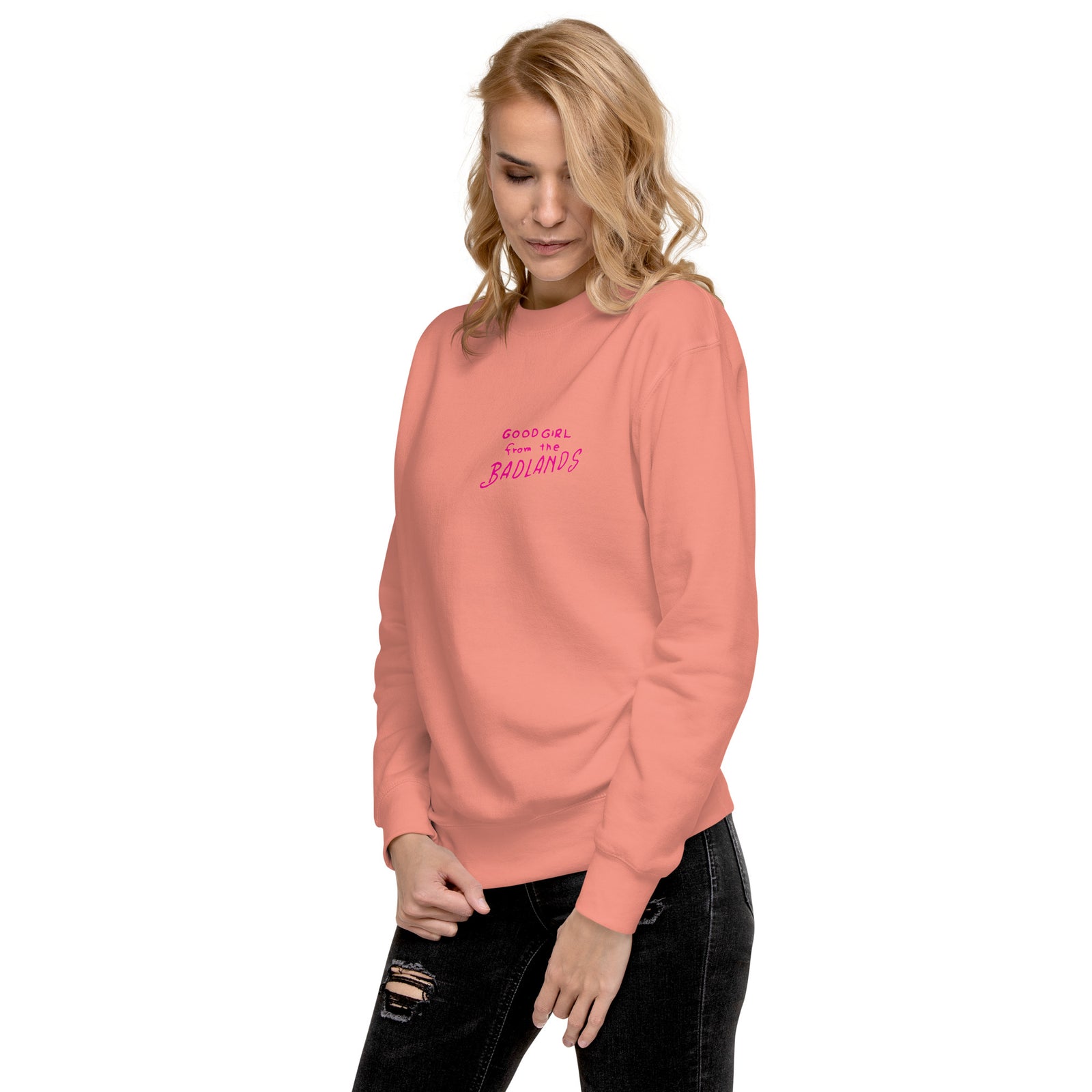 Good Girl from the Badlands Sweatshirt — Dusty Rose left-front view