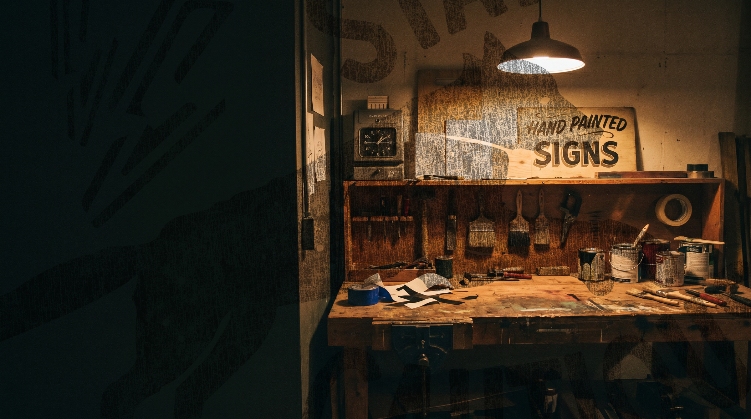 Vintage sign shop workbench with employee time clock and hand-painted signage
