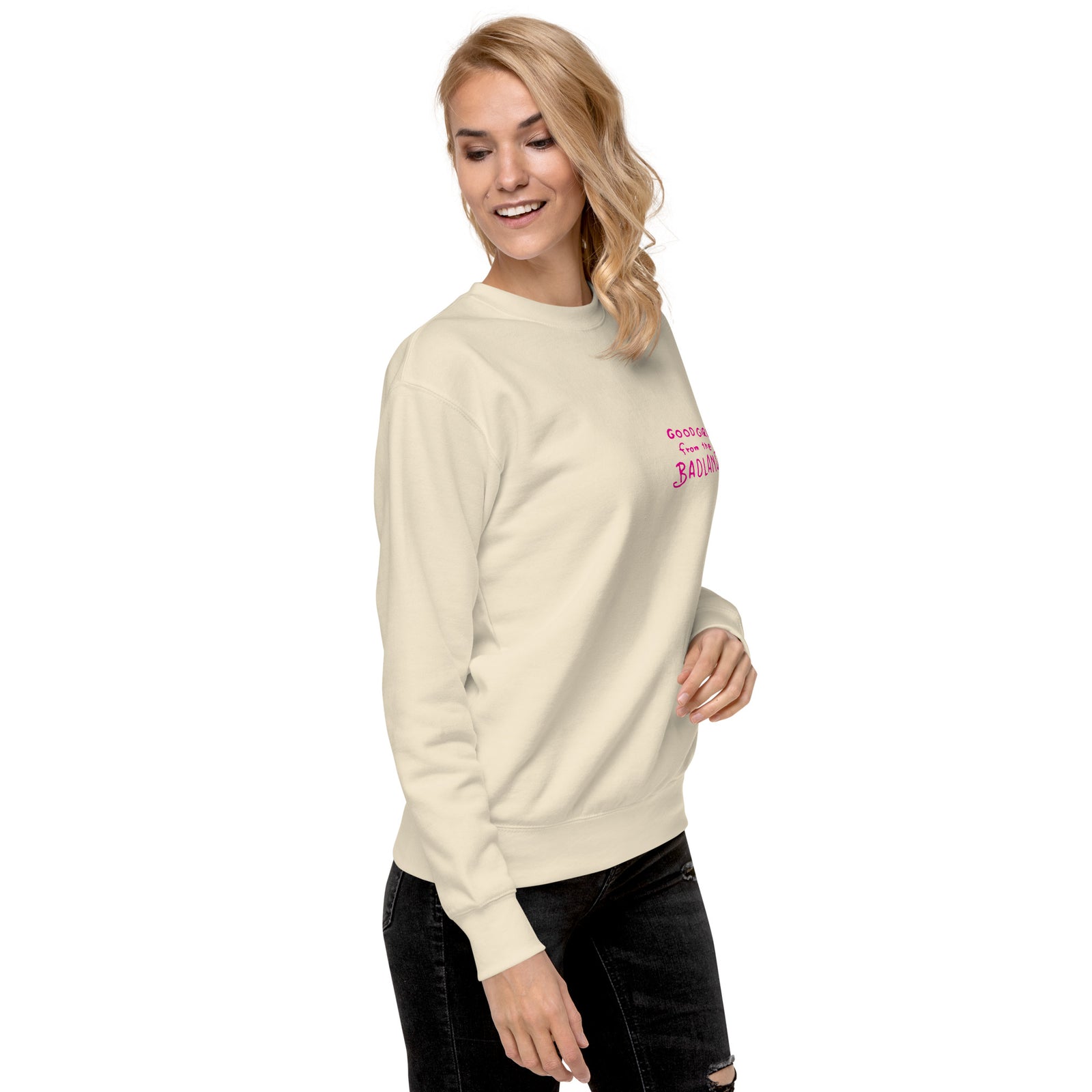 Good Girl from the Badlands Sweatshirt — Bone right-front view