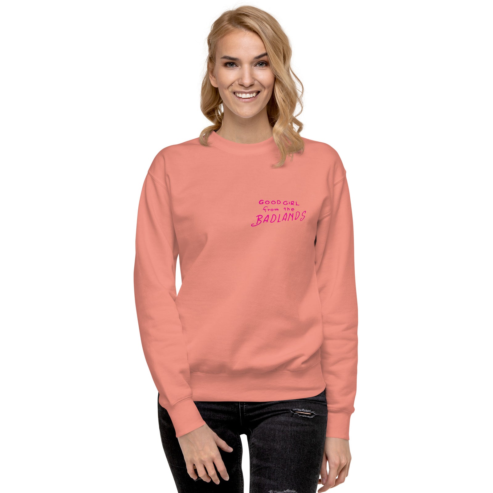 Good Girl from the Badlands Sweatshirt — Dusty Rose front view