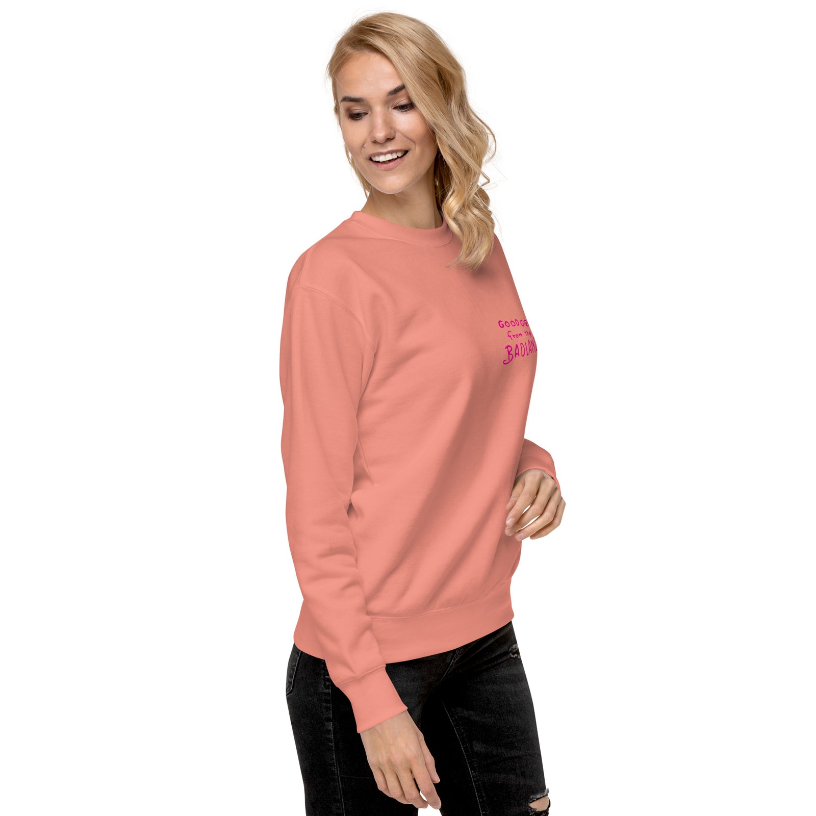 Good Girl from the Badlands Sweatshirt — Dusty Rose right-front view